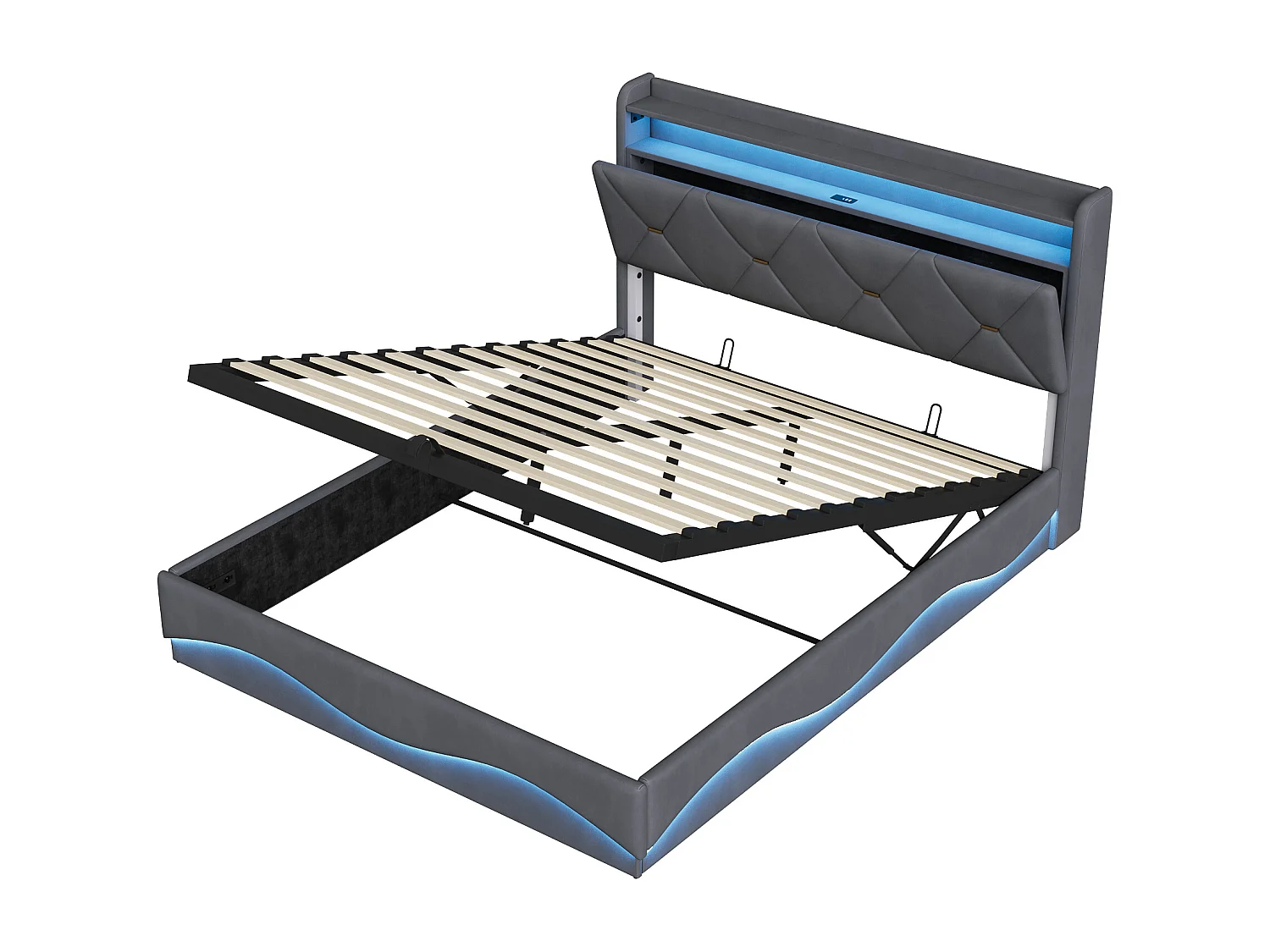 Lit Coffre 160 x 200 avec Sommier,lit 2 places avec USB et LED,lit 160x200 avec à Lattes,Lit Rembourré Double Gris
