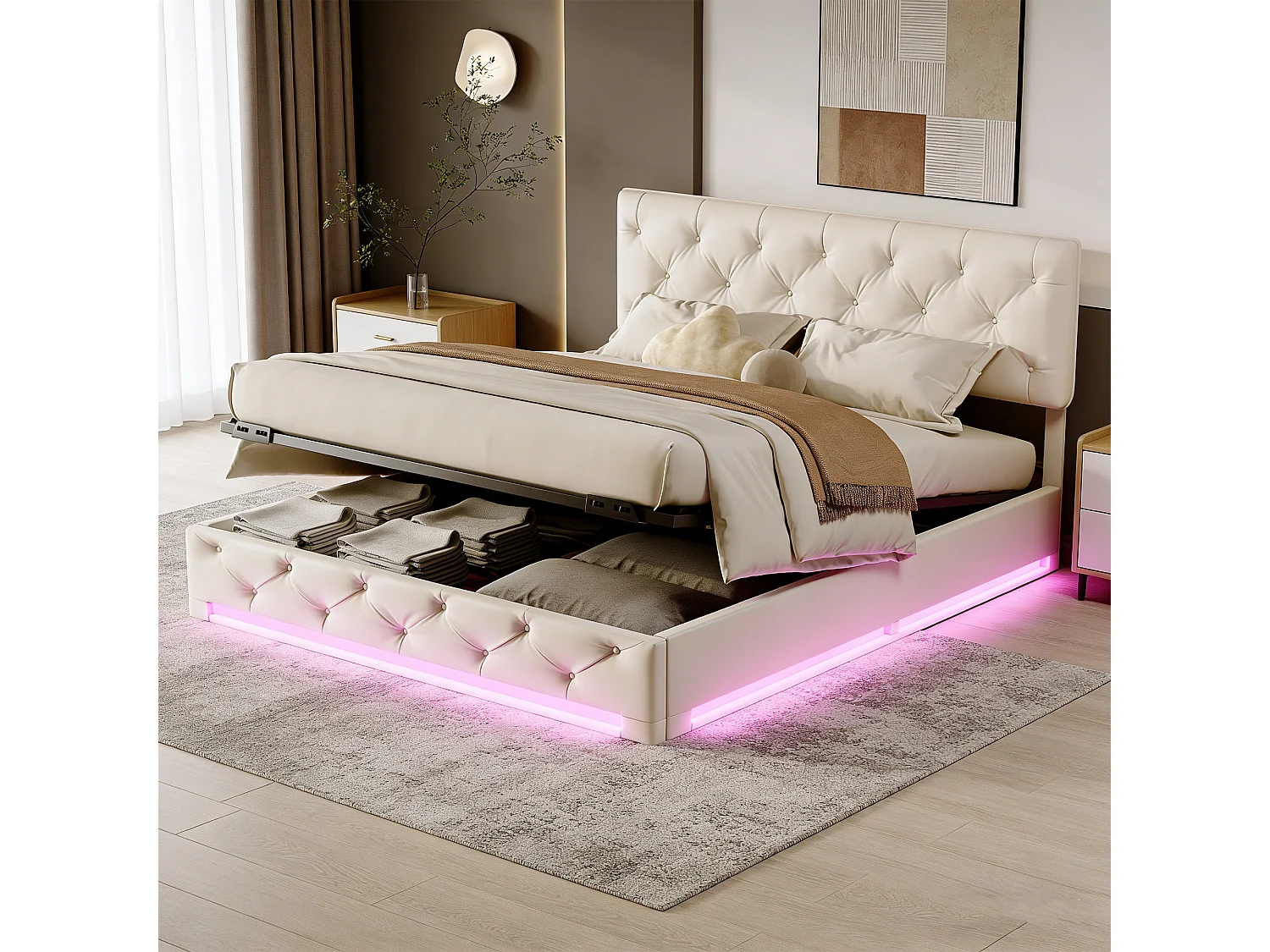 Lit Coffre 160 x 200 CM avec Sommier - LED - Lit Double Hydraulique - Lit 160 x 200 avec Rangement sous le lit