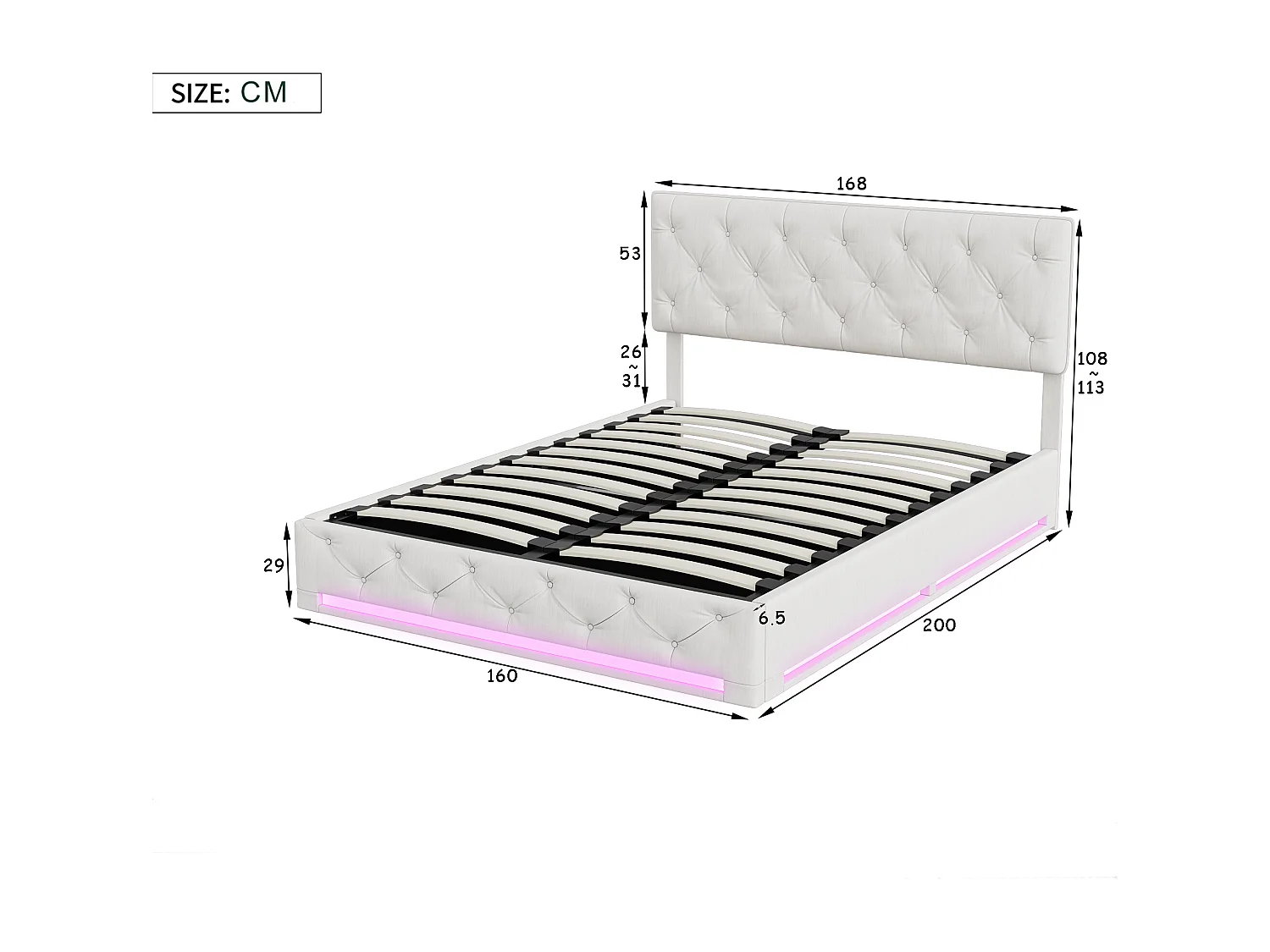 Lit Coffre 160 x 200 CM avec Sommier - LED - Lit Double Hydraulique - Lit 160 x 200 avec Rangement sous le lit