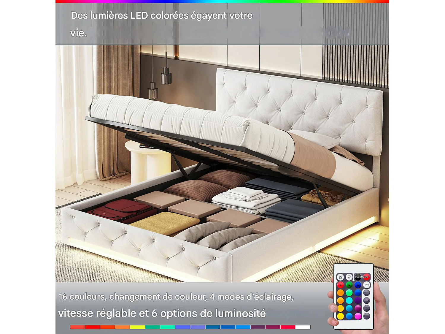 Lit Coffre 160 x 200 CM avec Sommier - LED - Lit Double Hydraulique - Lit 160 x 200 avec Rangement sous le lit