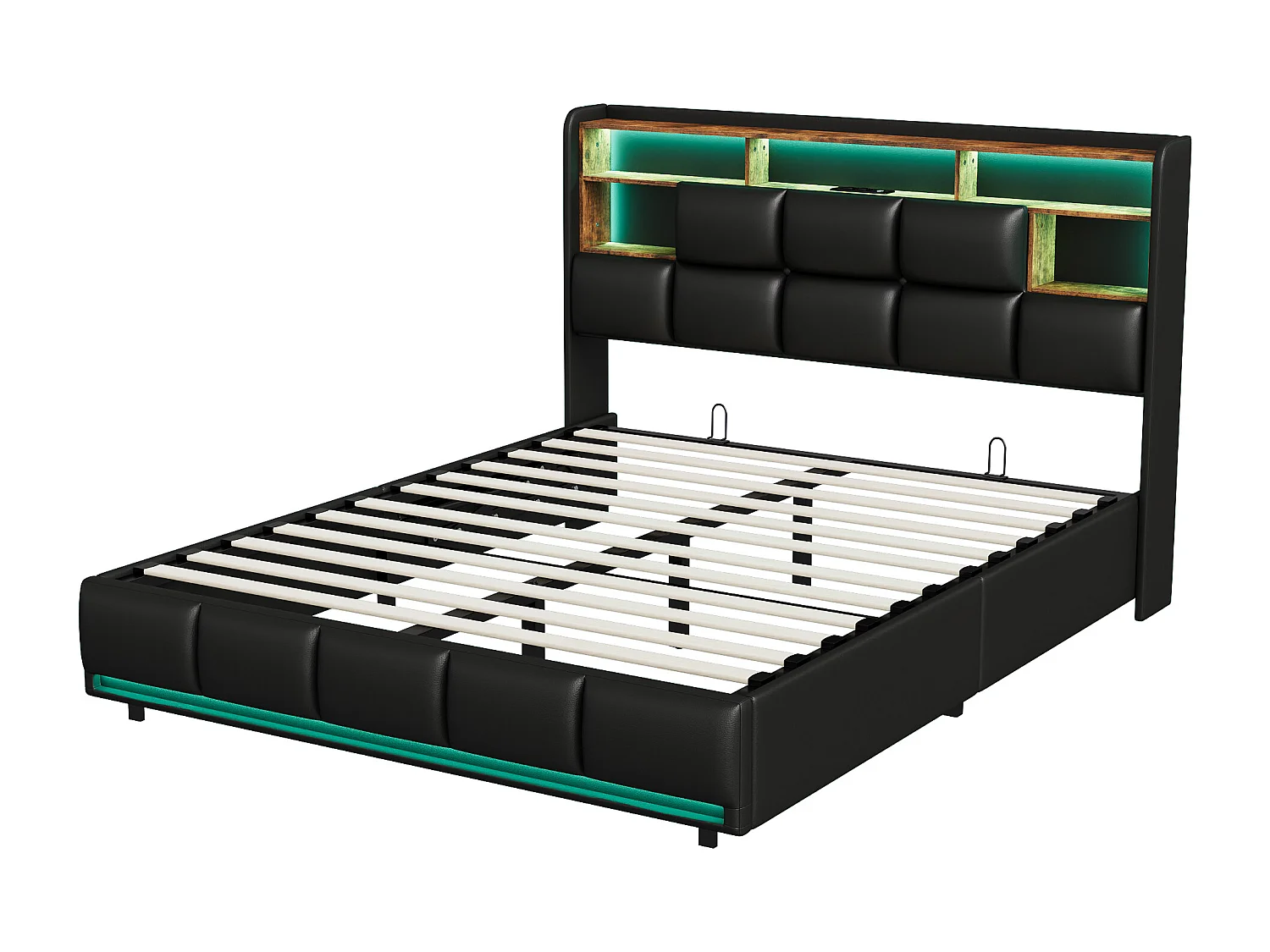 Lit 140x190 - Lit Coffre Hydraulique - Tête de Lit PU noir - Port USB et LED réglable - 2 Places