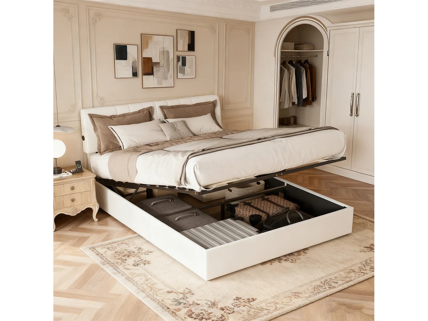 Lit coffre 140x190 - POCKETPOP - Velours Teddy blanc laiteux - Tête de lit réglable - Cadre de Lit avec Sommier à Lattes - 2 places