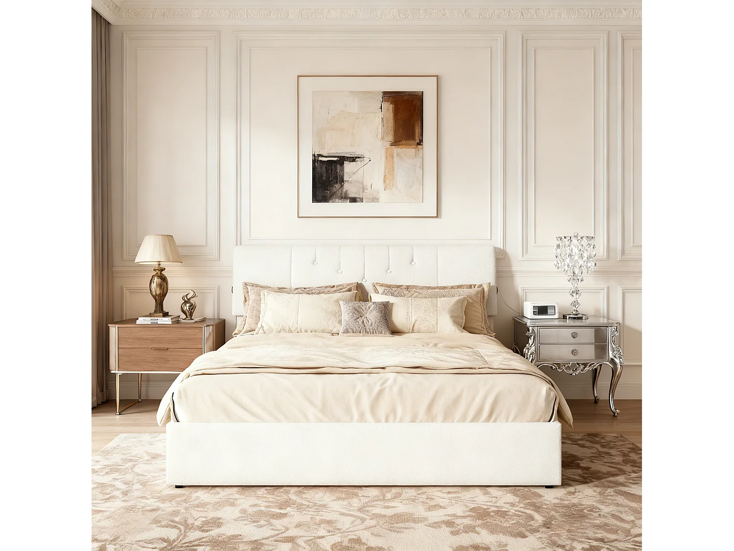 Lit coffre 140x190 - POCKETPOP - Velours Teddy blanc laiteux - Tête de lit réglable - Cadre de Lit avec Sommier à Lattes - 2 places