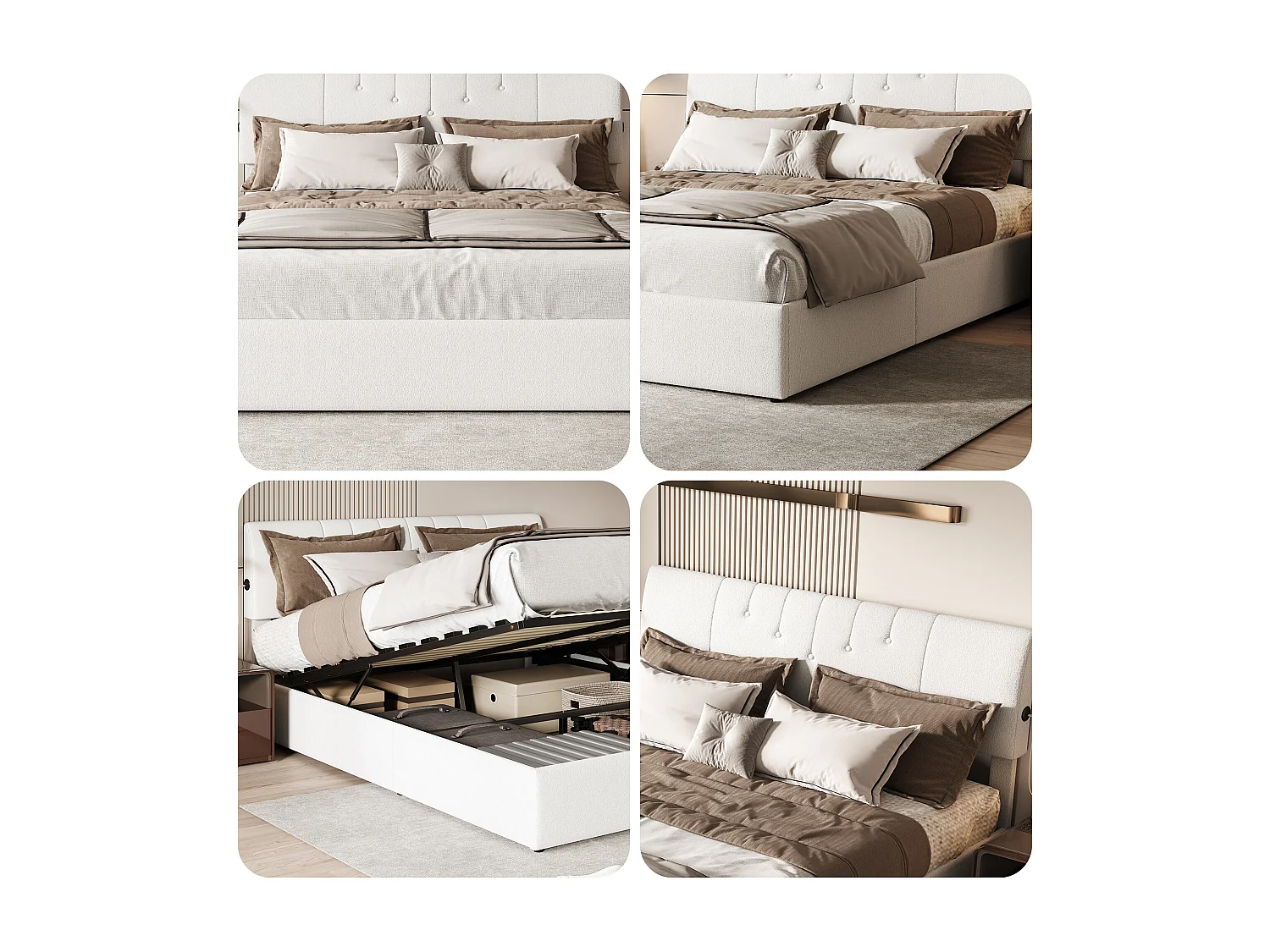 Lit coffre 140x190 - POCKETPOP - Velours Teddy blanc laiteux - Tête de lit réglable - Cadre de Lit avec Sommier à Lattes - 2 places