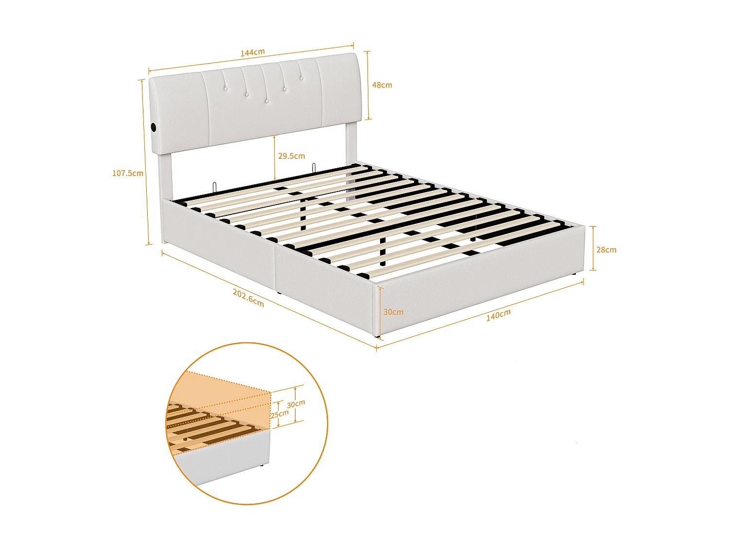 Lit coffre 140x190 - POCKETPOP - Velours Teddy blanc laiteux - Tête de lit réglable - Cadre de Lit avec Sommier à Lattes - 2 places