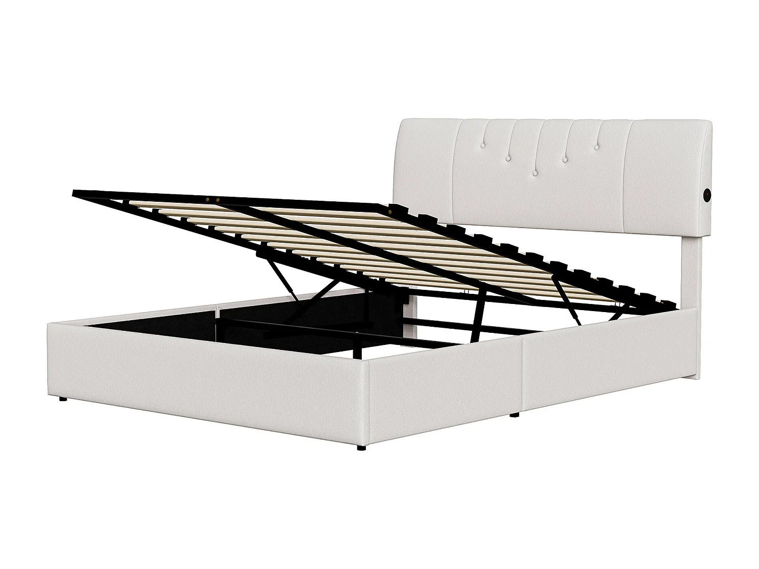Lit coffre 140x190 - POCKETPOP - Velours Teddy blanc laiteux - Tête de lit réglable - Cadre de Lit avec Sommier à Lattes - 2 places