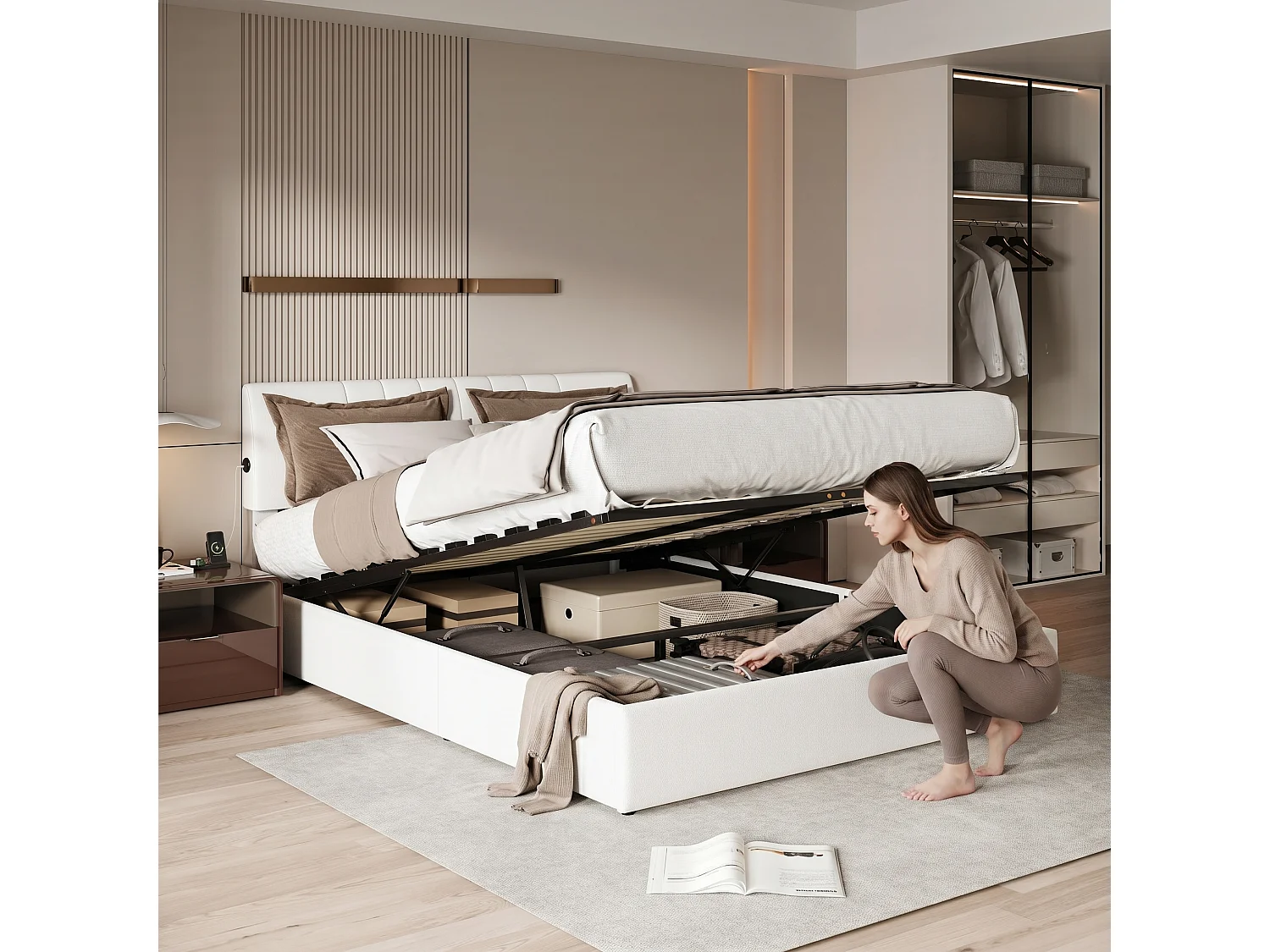 Lit coffre 140x190 cm 2 places en velours Teddy blanc laiteux, tête de lit réglable, sommier à lattes inclus