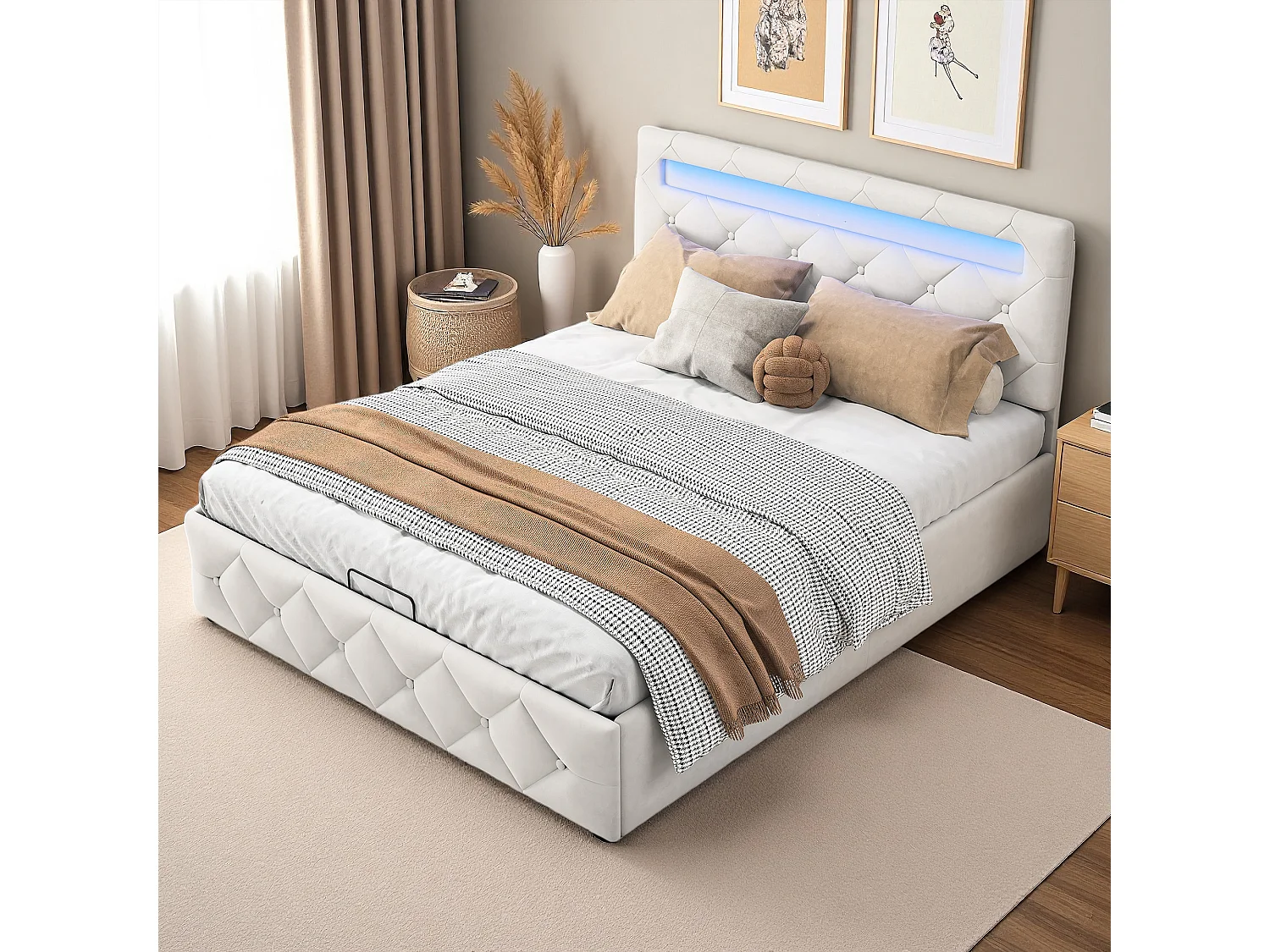 Lit coffre 140x190 cm - RGB LED - Hydraulique - Structure de lit 140x190 cm - lit double - Velours - Beige