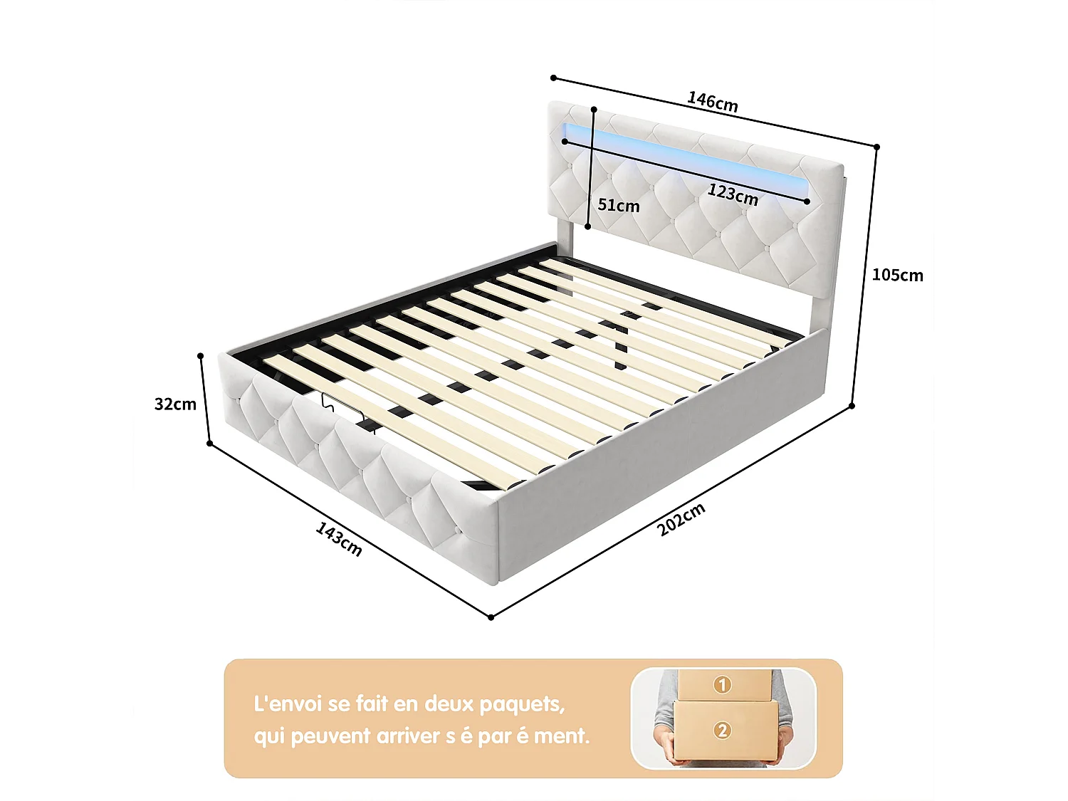 Lit coffre 140x190 cm - RGB LED - Hydraulique - Structure de lit 140x190 cm - lit double - Velours - Beige