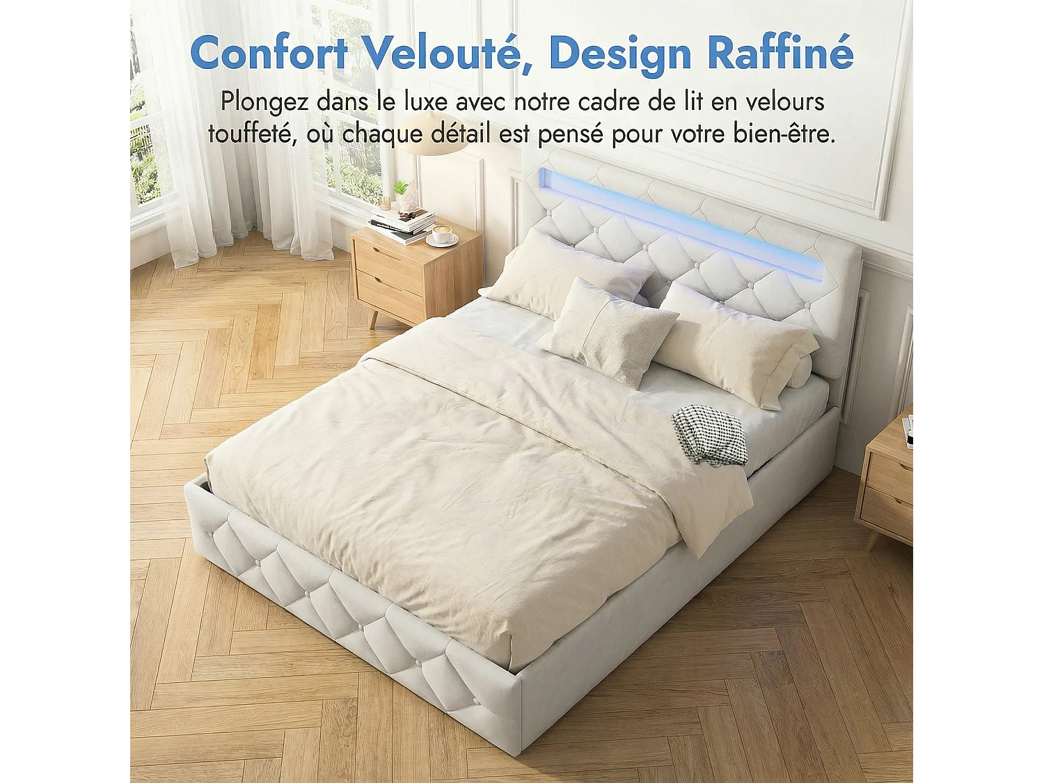 Opbergbed 140x190 cm - RGB LED - Hydraulisch - Bedframe 140x190 cm - Tweepersoonsbed - Fluweel - Beige