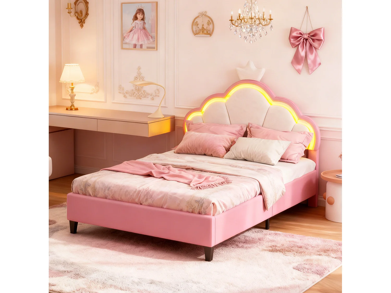 Lit enfant fille 90x200cm avec LED - Lit princesse avec tête de lit réglable en couronne - Velours - Blanc et rose