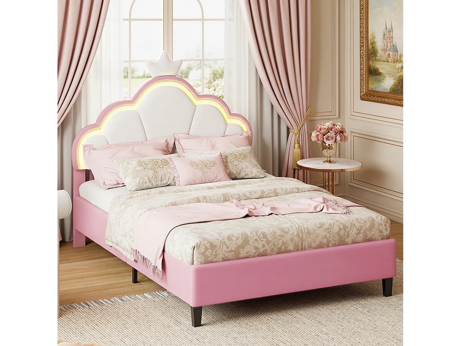 Lit enfant fille 90x200cm avec LED - Lit princesse avec tête de lit réglable en couronne - Velours - Blanc et rose