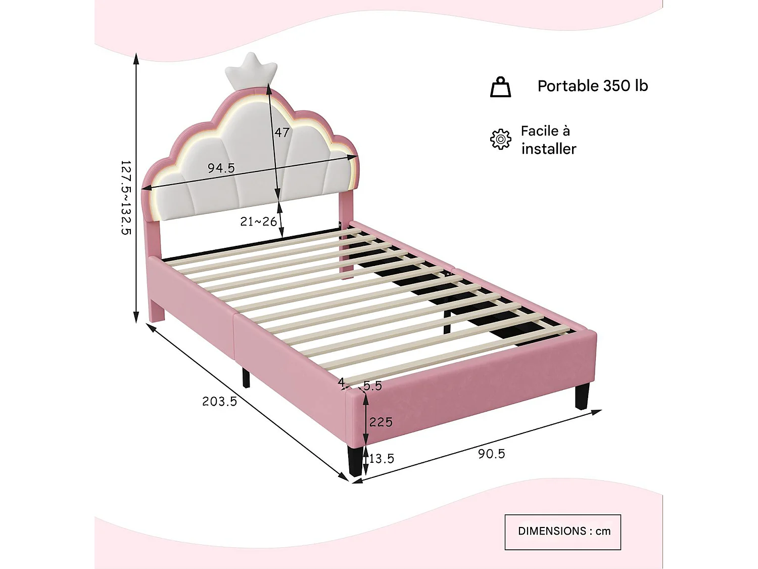 Lit enfant fille 90x200cm avec LED - Lit princesse avec tête de lit réglable en couronne - Velours - Blanc et rose