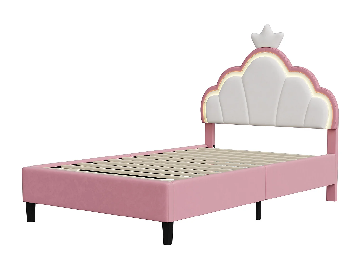Lit enfant fille 90x200cm avec LED - Lit princesse avec tête de lit réglable en couronne - Velours - Blanc et rose