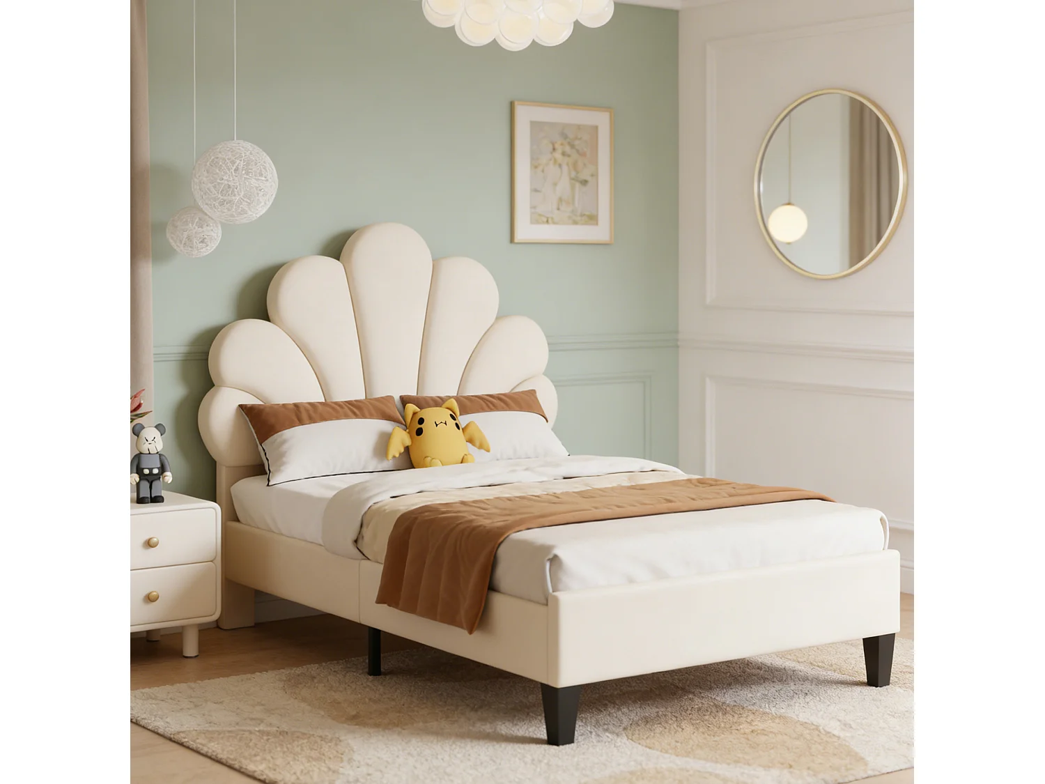Kinderbed 90x200 cm - Bloembladvorm - Meisjesbed - Modern - Fluweel - Bedframe 90x200 cm - beige