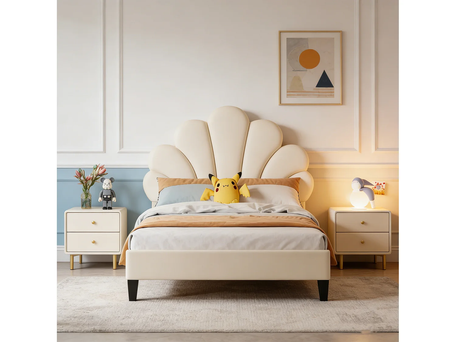 Kinderbed 90x200 cm - Bloembladvorm - Meisjesbed - Modern - Fluweel - Bedframe 90x200 cm - beige