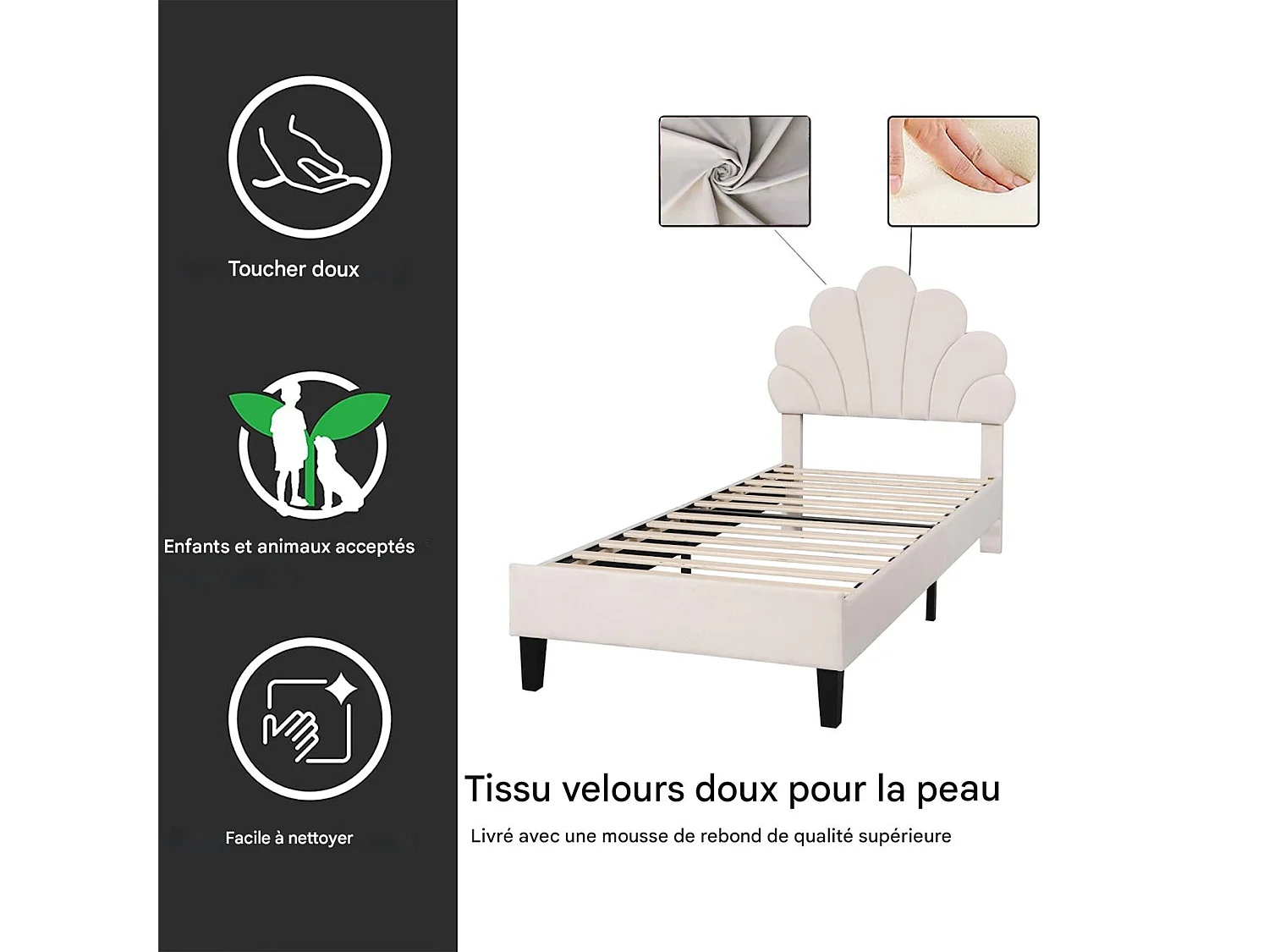 Kinderbed 90x200 cm - Bloembladvorm - Meisjesbed - Modern - Fluweel - Bedframe 90x200 cm - beige