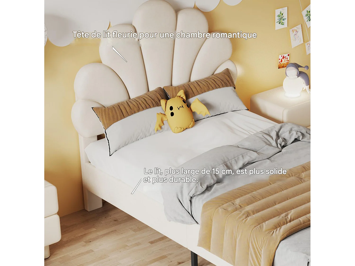 Kinderbed 90x200 cm - Bloembladvorm - Meisjesbed - Modern - Fluweel - Bedframe 90x200 cm - beige
