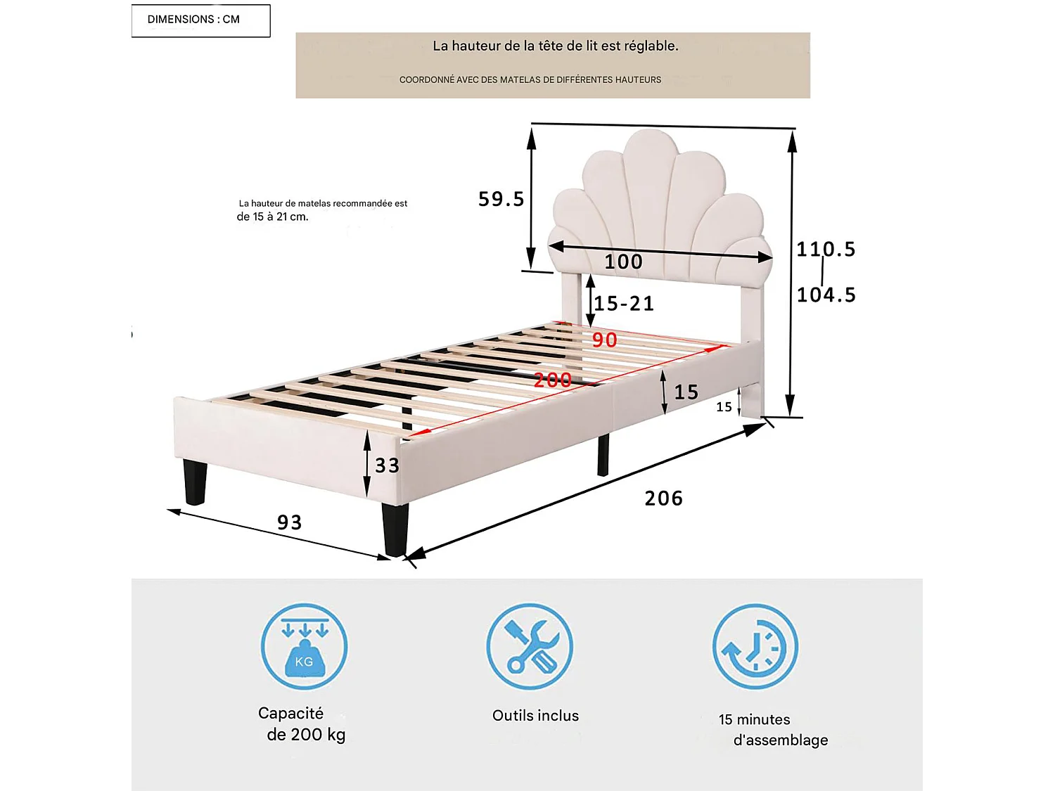 Kinderbed 90x200 cm - Bloembladvorm - Meisjesbed - Modern - Fluweel - Bedframe 90x200 cm - beige