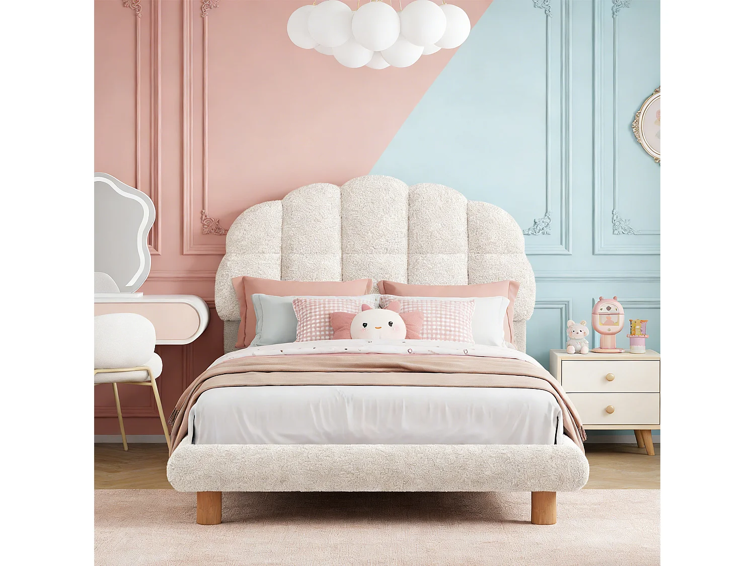 Lit enfant 90x200 cm, lit fille avec tête de lit réglable, sommier à lattes, lit une place, blanc