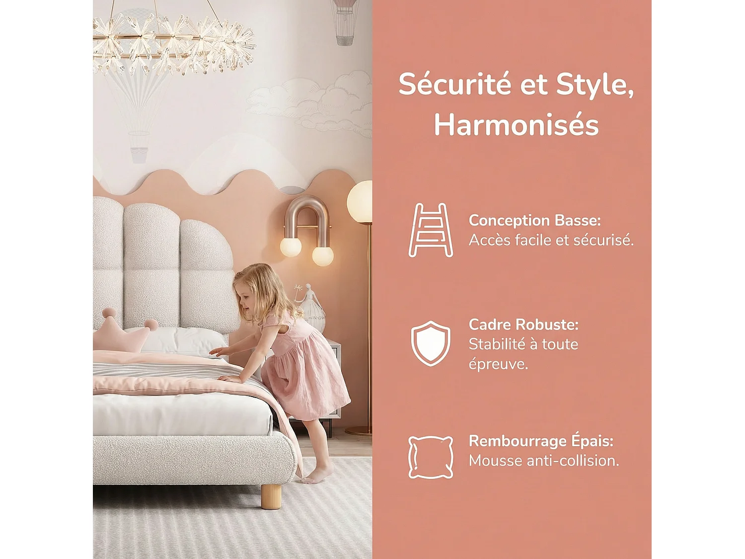 Lit enfant 90 x 200 cm avec tête de lit réglable et sommier à lattes – Blanc