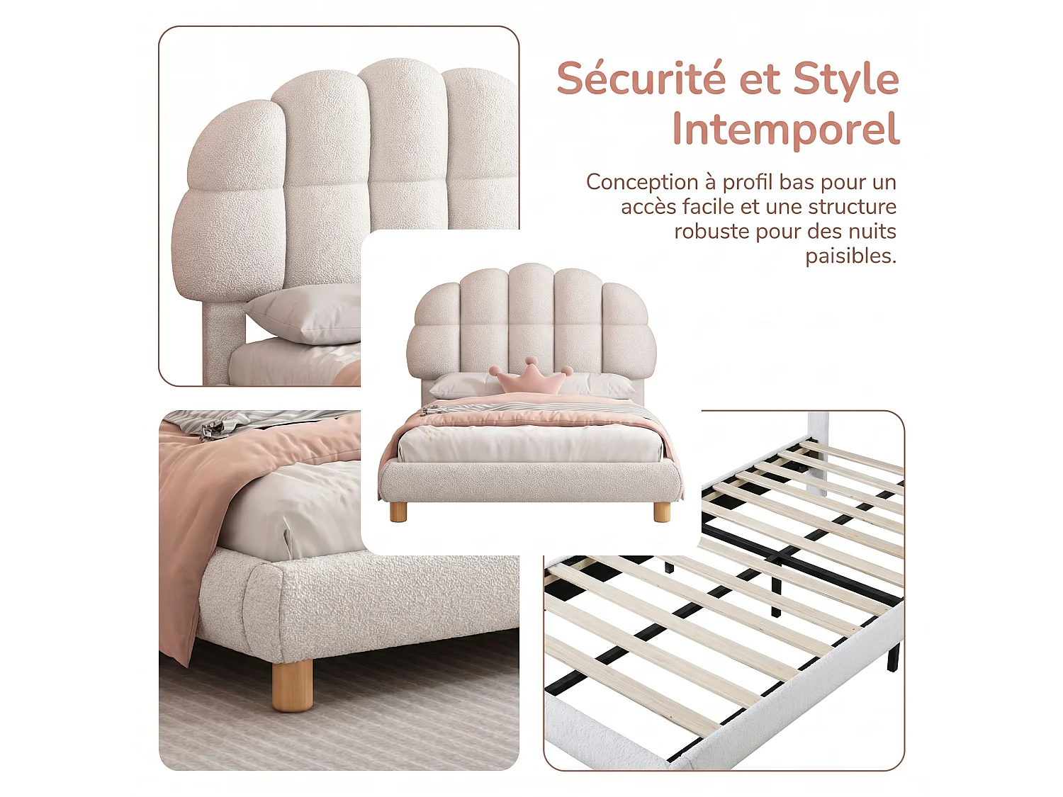 Lit enfant 90 x 200 cm avec tête de lit réglable et sommier à lattes – Blanc