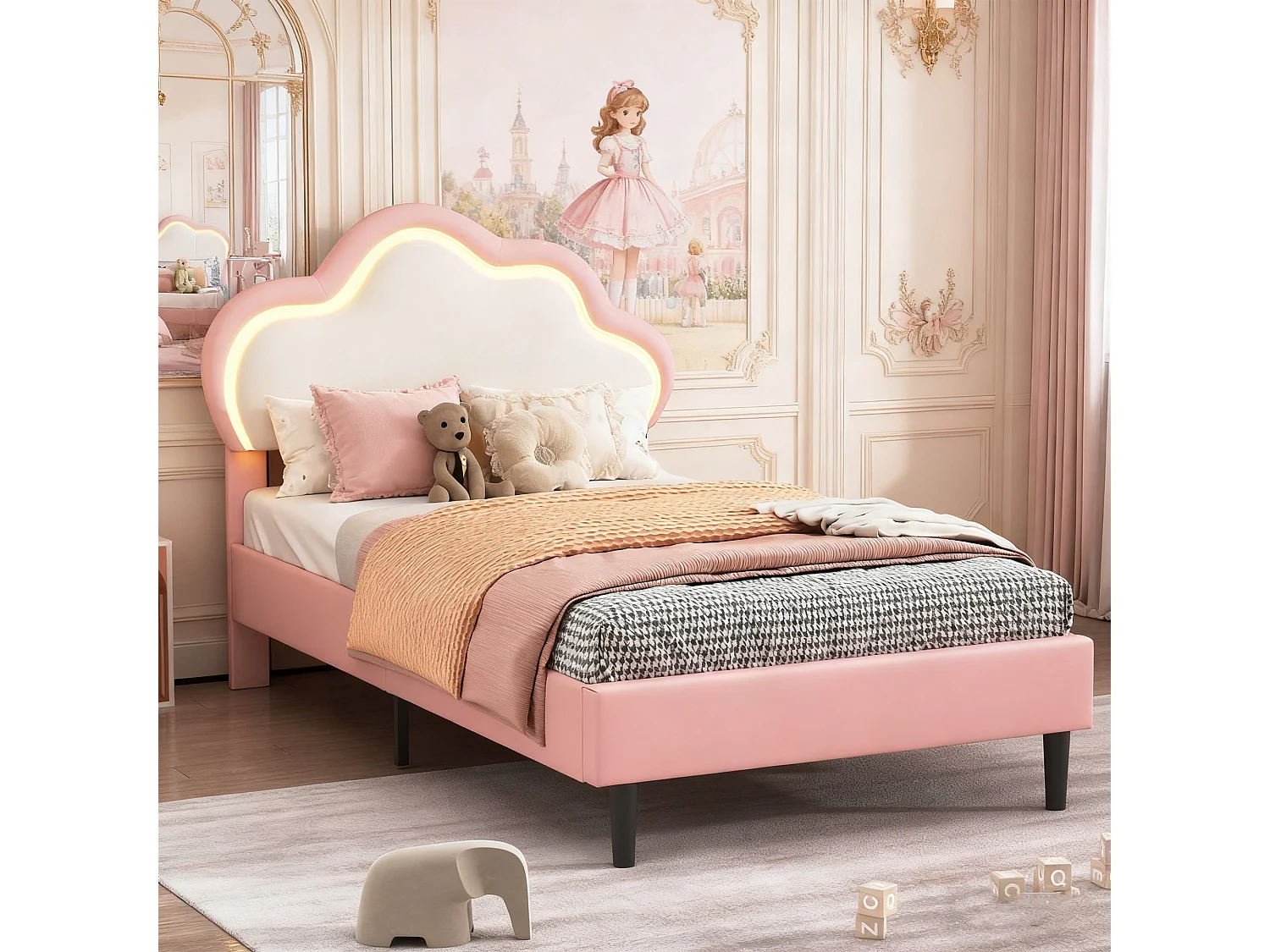 Lit Enfant 90 x 200 cm, cadre de lit avec tête de lit en forme de nuages et sommier à lattes, lit simple en tissu PU, rose