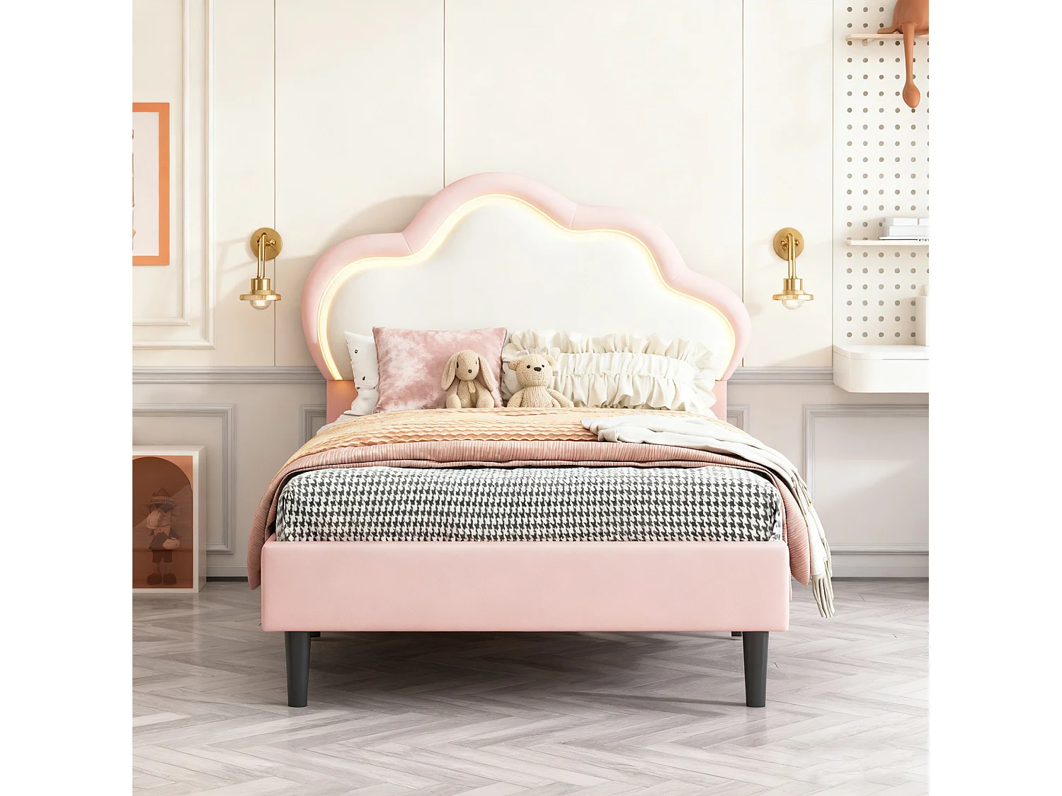Lit Enfant 90 x 200 cm, cadre de lit avec tête de lit en forme de nuages et sommier à lattes, lit simple en tissu PU, rose