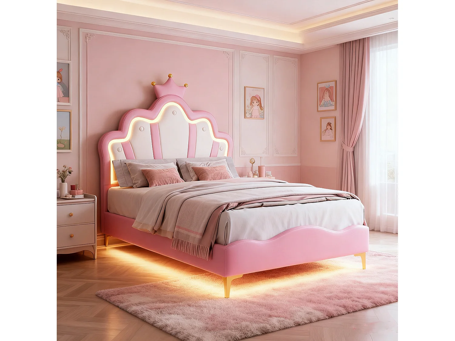 Lit enfant fille 90x200cm avec sommier LED - Lit de princesse avec tête de lit réglable couronne - PU - Rose