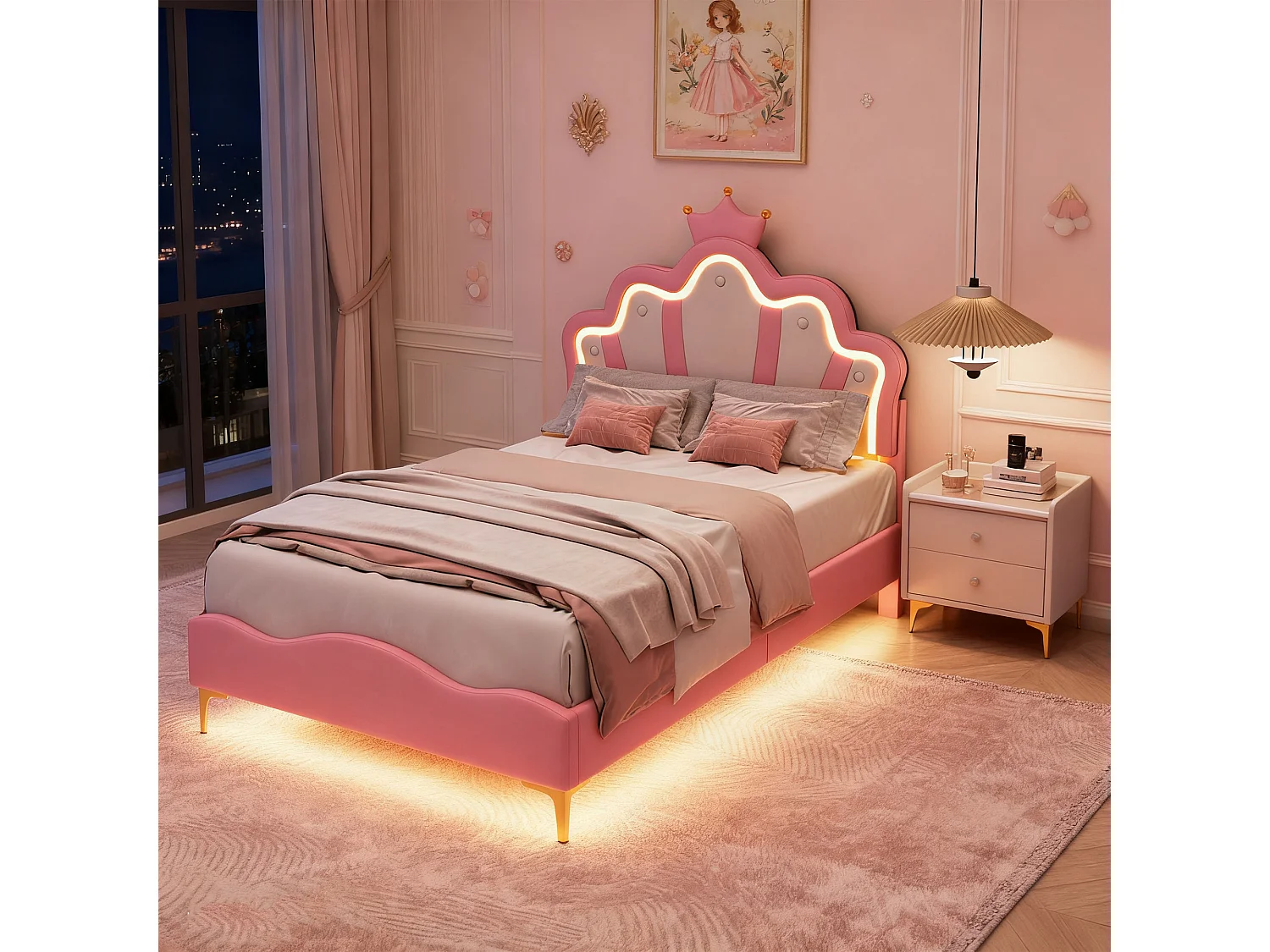Lit enfant fille 90x200cm avec sommier LED - Lit de princesse avec tête de lit réglable couronne - PU - Rose