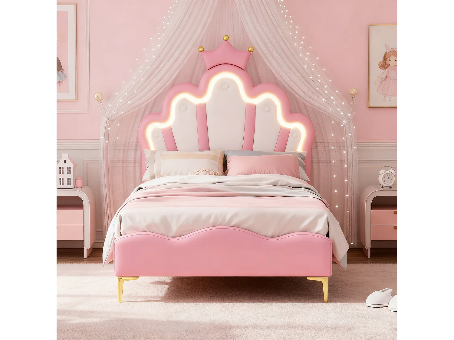 Lit enfant fille 90x200cm avec sommier LED - Lit de princesse avec tête de lit réglable couronne - PU - Rose