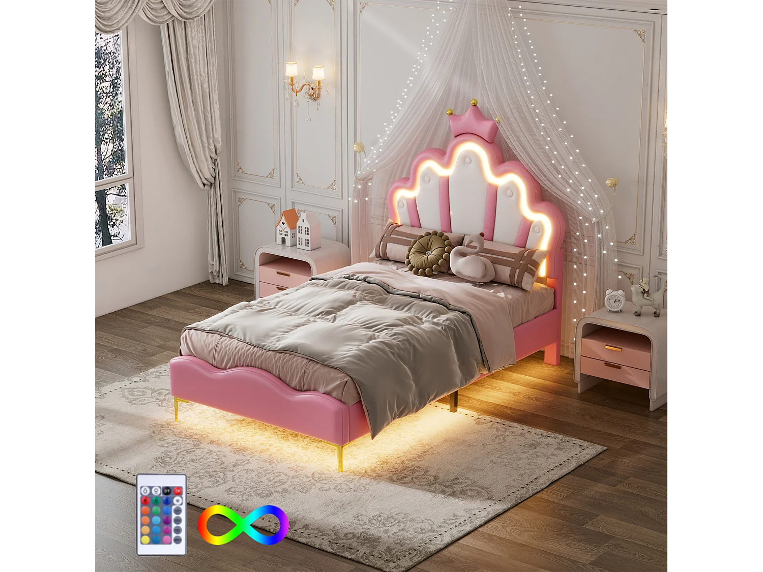 Lit enfant fille 90x200cm avec sommier LED - Lit de princesse avec tête de lit réglable couronne - PU - Rose
