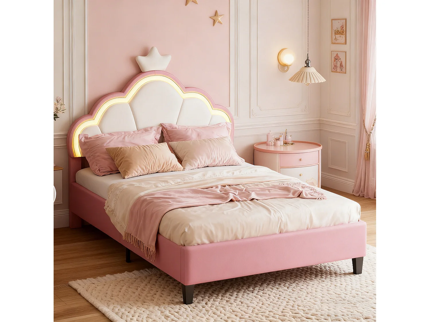 NEXU - Lit enfant, Lit de couronne, Lit simple, sommier à lattes, led, Blanc et rose (190x90cm), sans matelas,STRUCTURE DE LIT