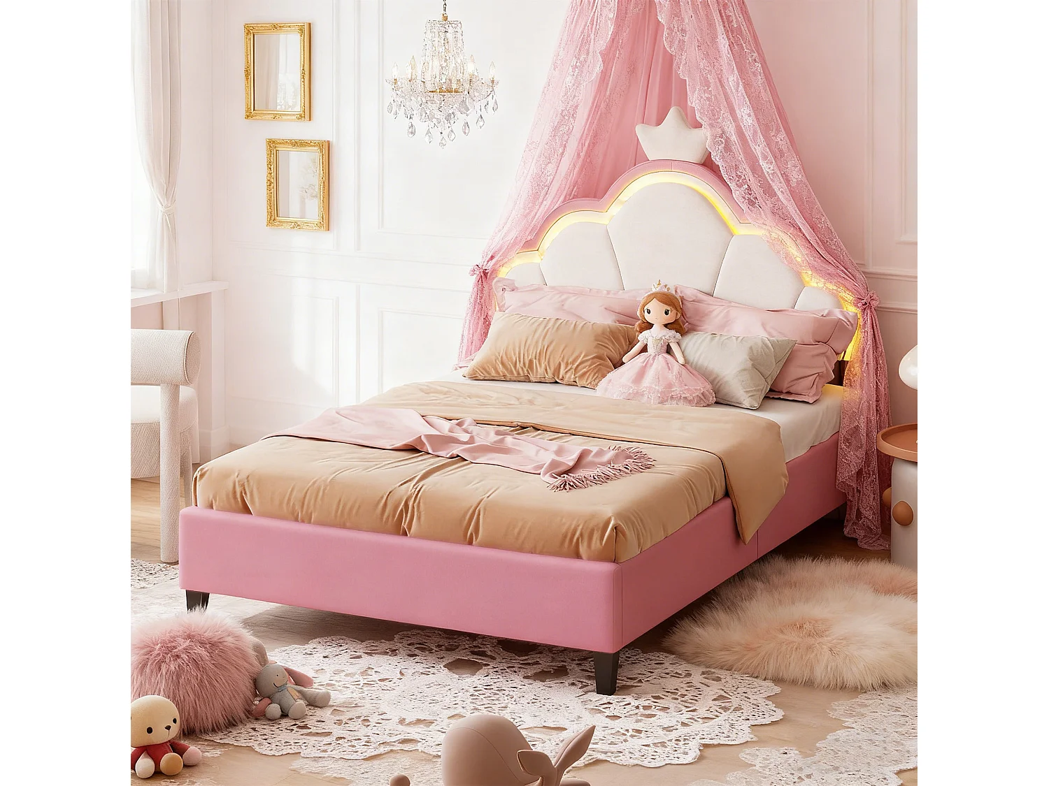 NEXU - Lit enfant, Lit de couronne, Lit simple, sommier à lattes, led, Blanc et rose (190x90cm), sans matelas,STRUCTURE DE LIT