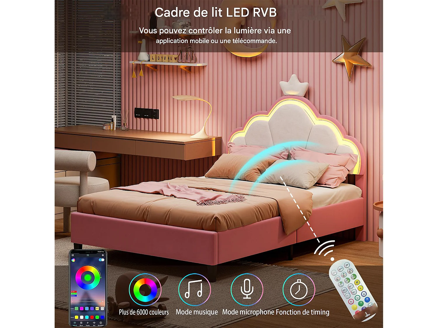NEXU - Lit enfant, Lit de couronne, Lit simple, sommier à lattes, led, Blanc et rose (190x90cm), sans matelas,STRUCTURE DE LIT