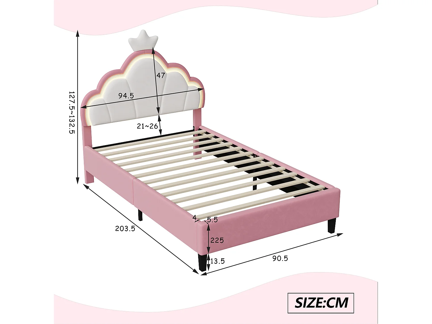 NEXU - Lit enfant, Lit de couronne, Lit simple, sommier à lattes, led, Blanc et rose (190x90cm), sans matelas,STRUCTURE DE LIT