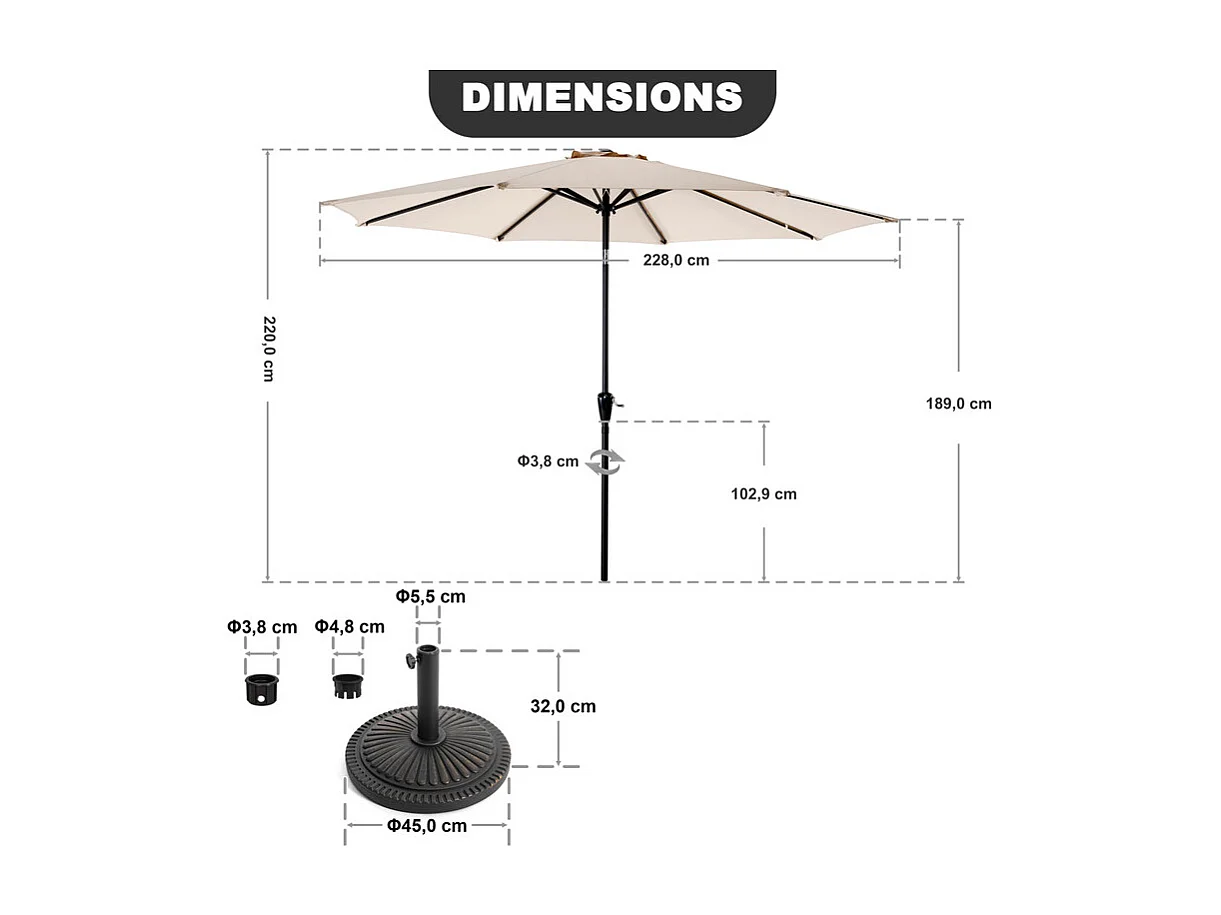 Parasol Aluminium 228 Cm Rond Toutes Saisons Beige Et Noir