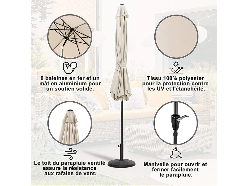 Parasol Aluminium 228 Cm Rond Toutes Saisons Beige Et Noir