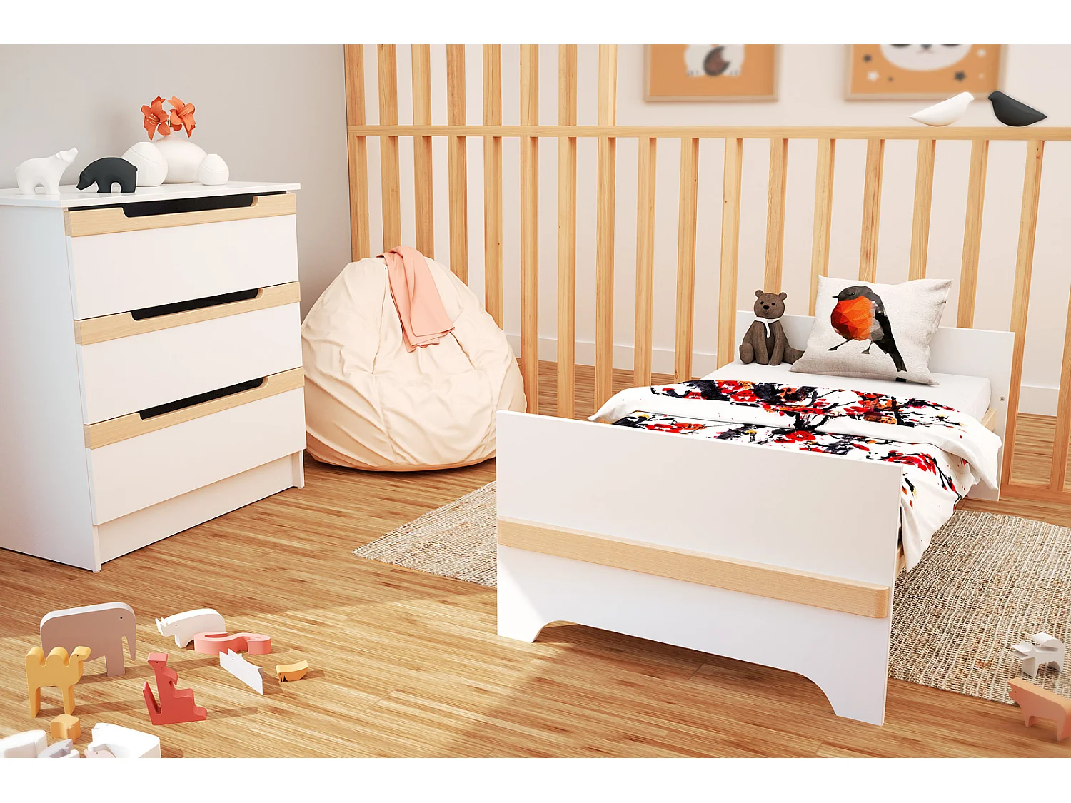 Omvormbaar kinderbed CARROUSEL in hout Wit en Beuken 70 x 140 cm