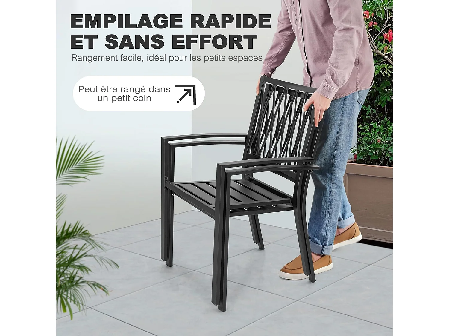 Chaises De Terrasse Extérieures Lot De 2 Cadre Fer Finition Poudrée Noir