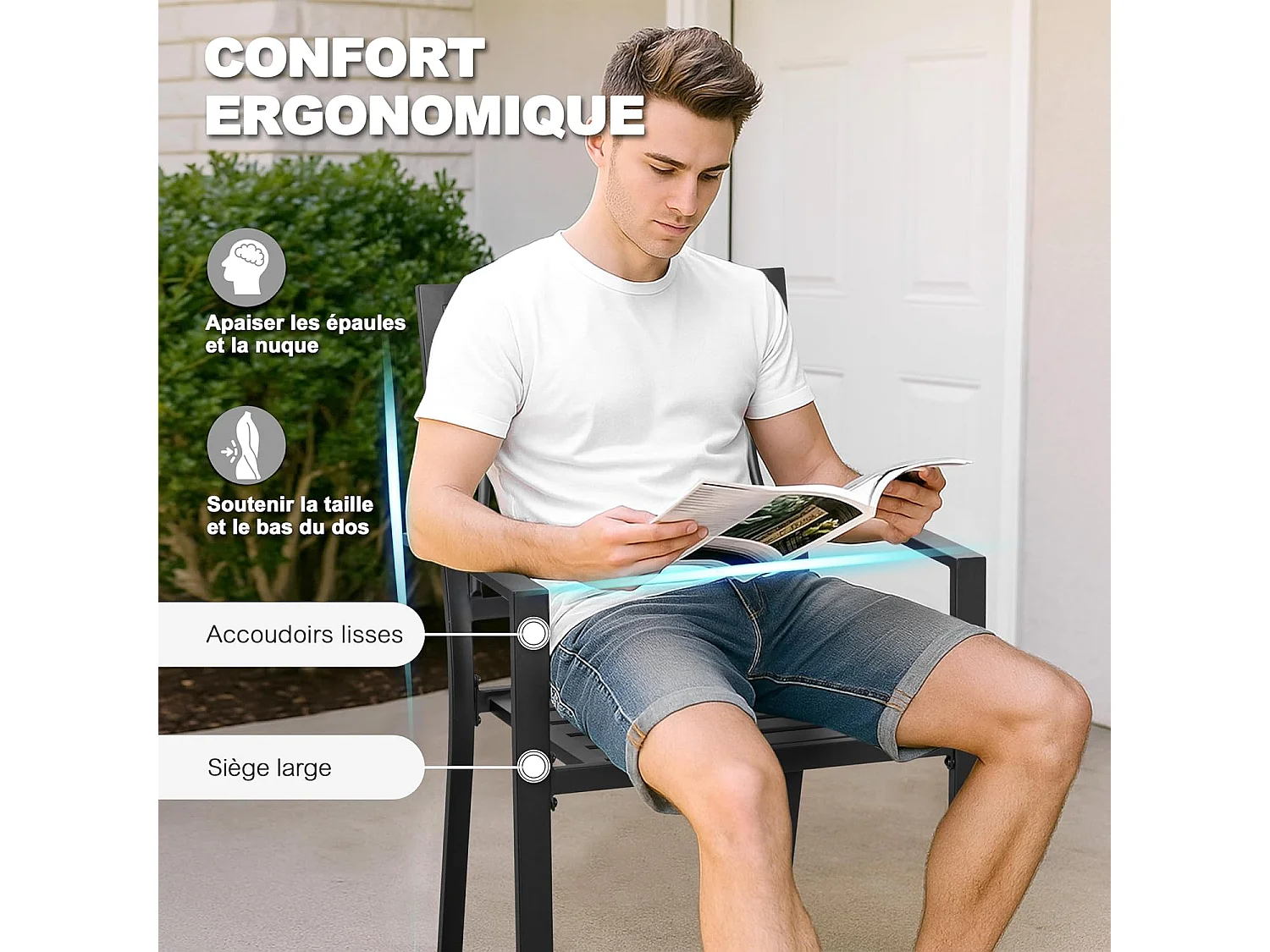 Chaises De Terrasse Extérieures Lot De 2 Cadre Fer Finition Poudrée Noir
