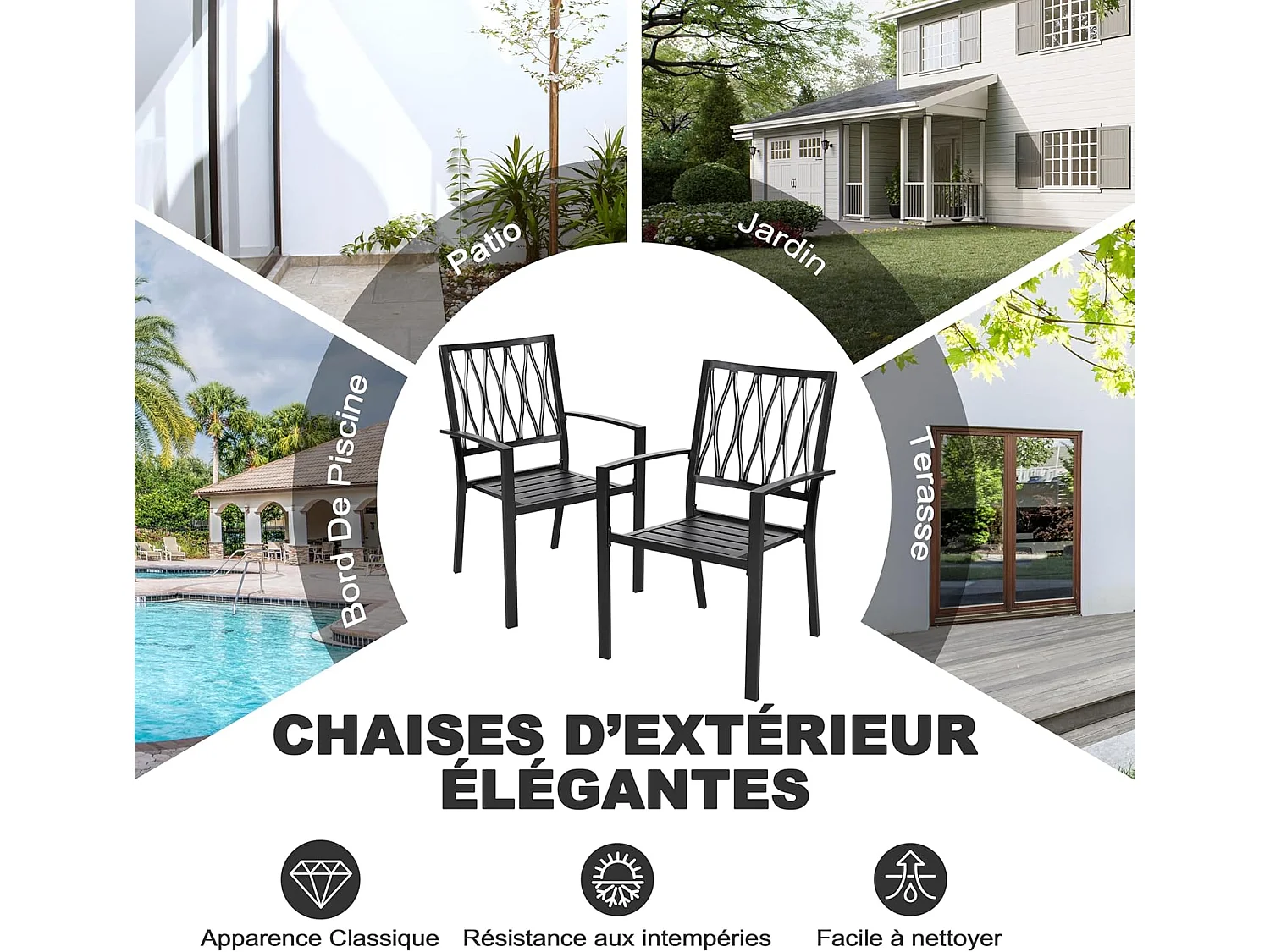 Chaises De Terrasse Extérieures Lot De 2 Cadre Fer Finition Poudrée Noir