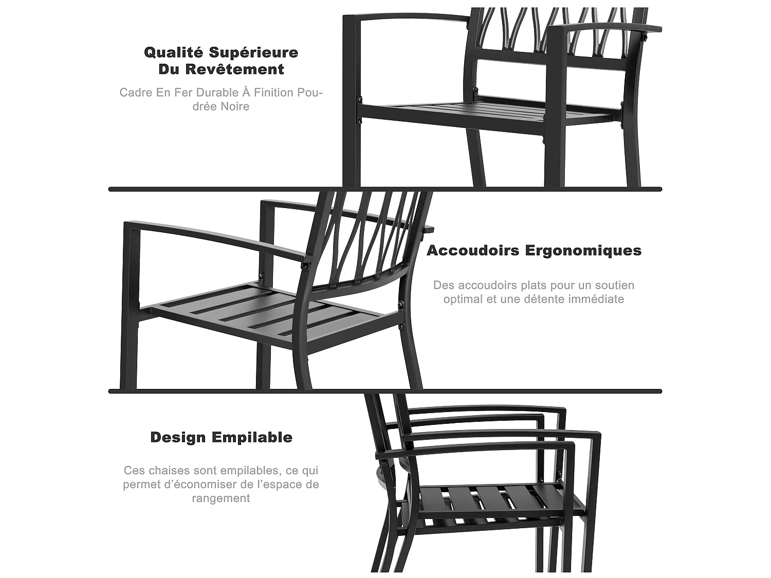 Chaises De Terrasse Extérieures Lot De 2 Cadre Fer Finition Poudrée Noir