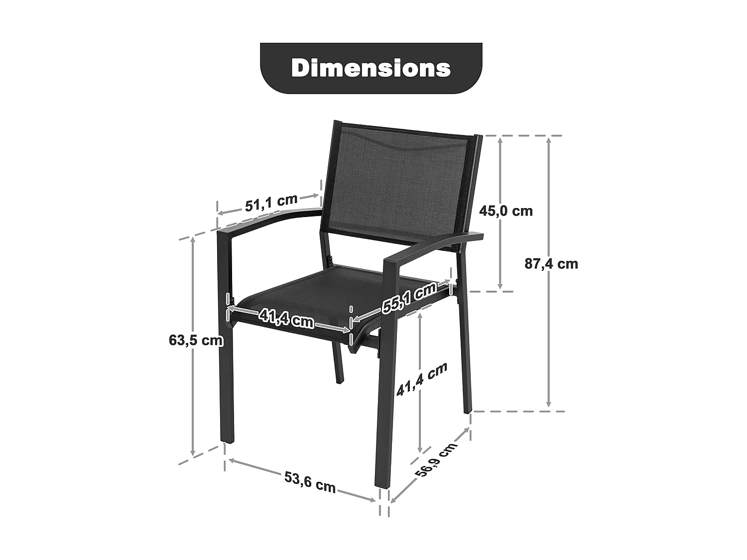 Lot de 6 Chaises de Jardin Empilables, en tissu textilene et cadre en fer thermolaqué