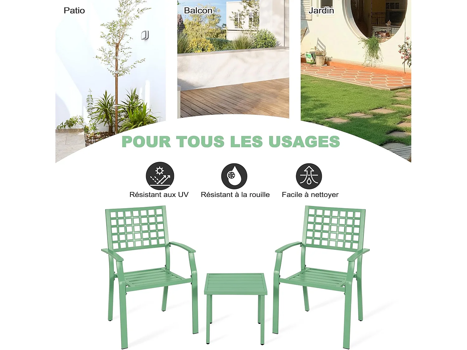 Ensemble de Bistrot de Patio Vert 3 Pièces Avestar Toutes Saisons