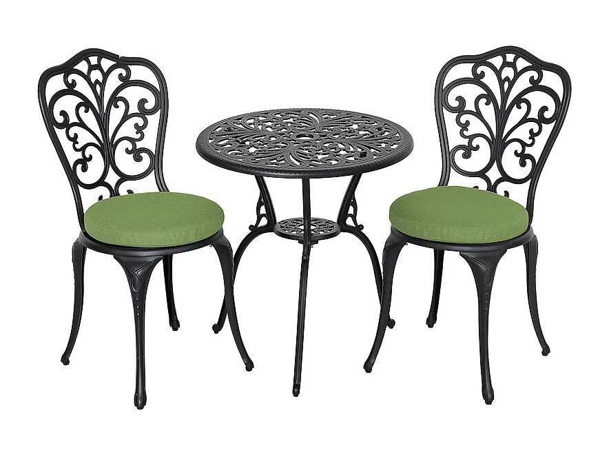 Bistrot 3 Pièces Trou Parasol Aluminium Coulé Noir Coussins Verts