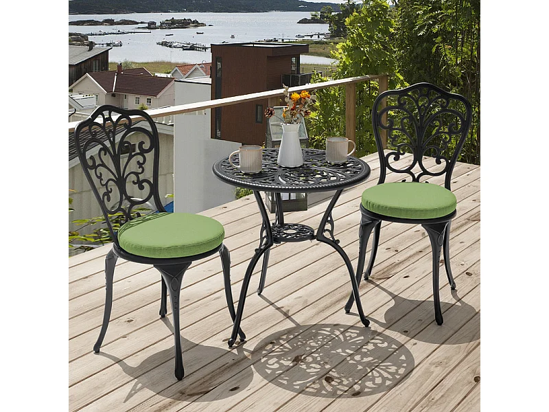 Bistrot 3 Pièces Trou Parasol Aluminium Coulé Noir Coussins Verts