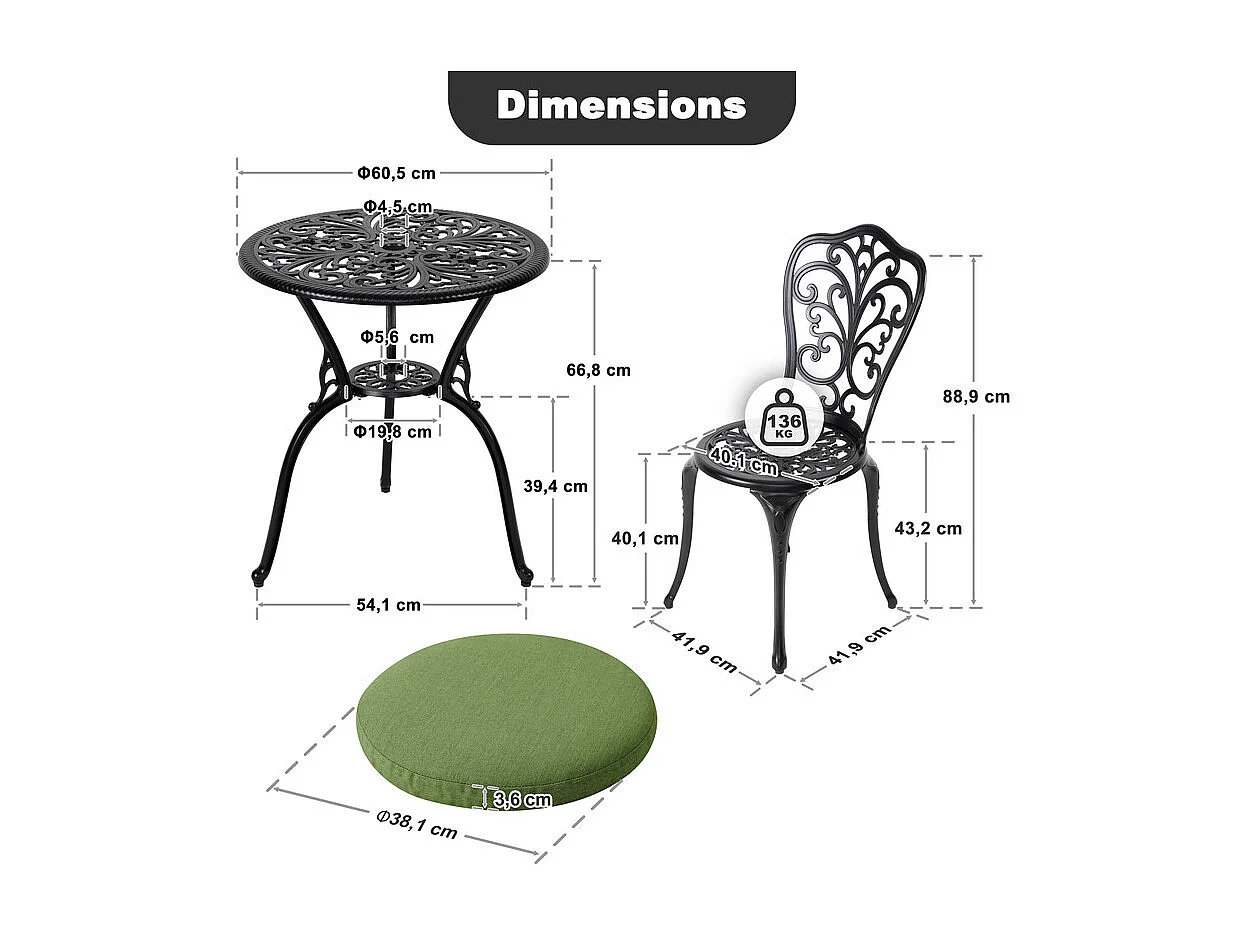 Bistrot 3 Pièces Trou Parasol Aluminium Coulé Noir Coussins Verts
