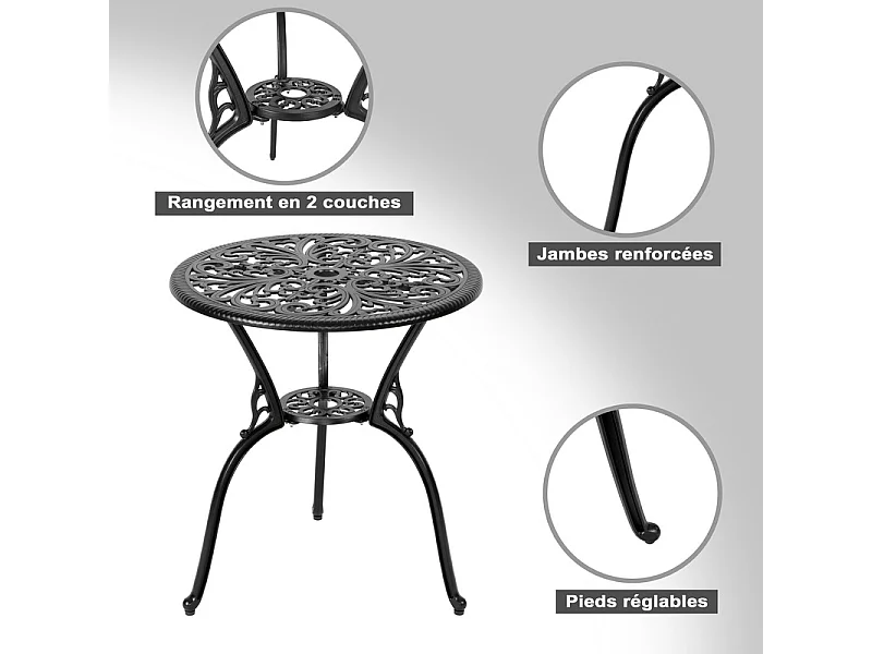 Bistrot 3 Pièces Trou Parasol Aluminium Coulé Noir Coussins Verts