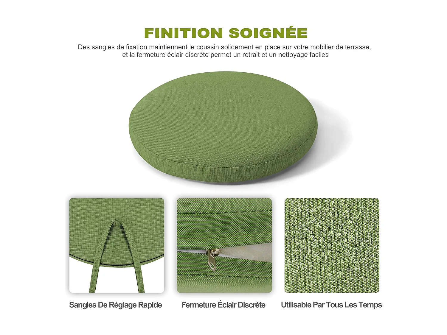Bistrot 3 Pièces Trou Parasol Aluminium Coulé Noir Coussins Verts